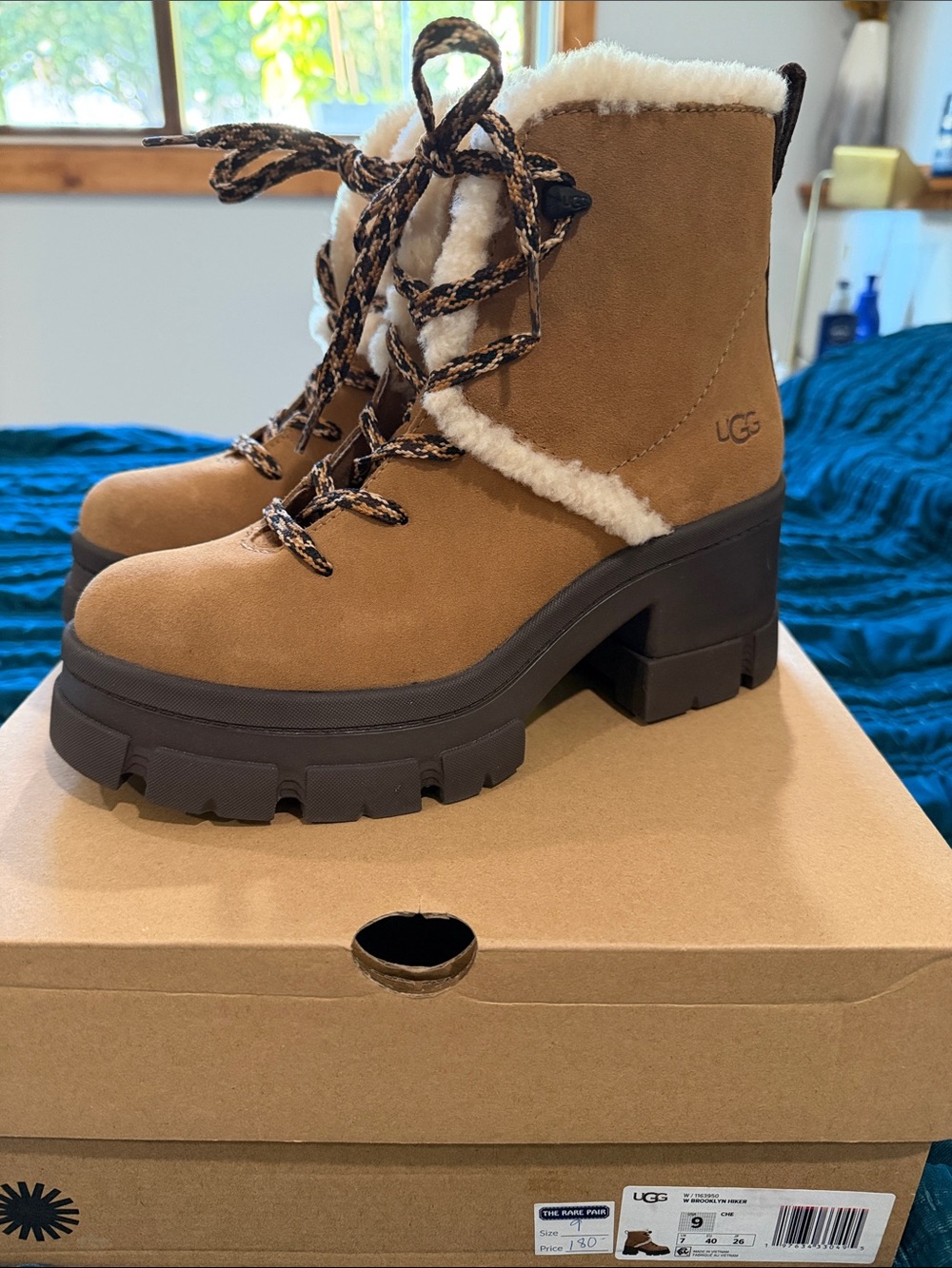 UGG Brooklyn Hiker Lace-Up Shearling-Trim Chunky Heel Boots